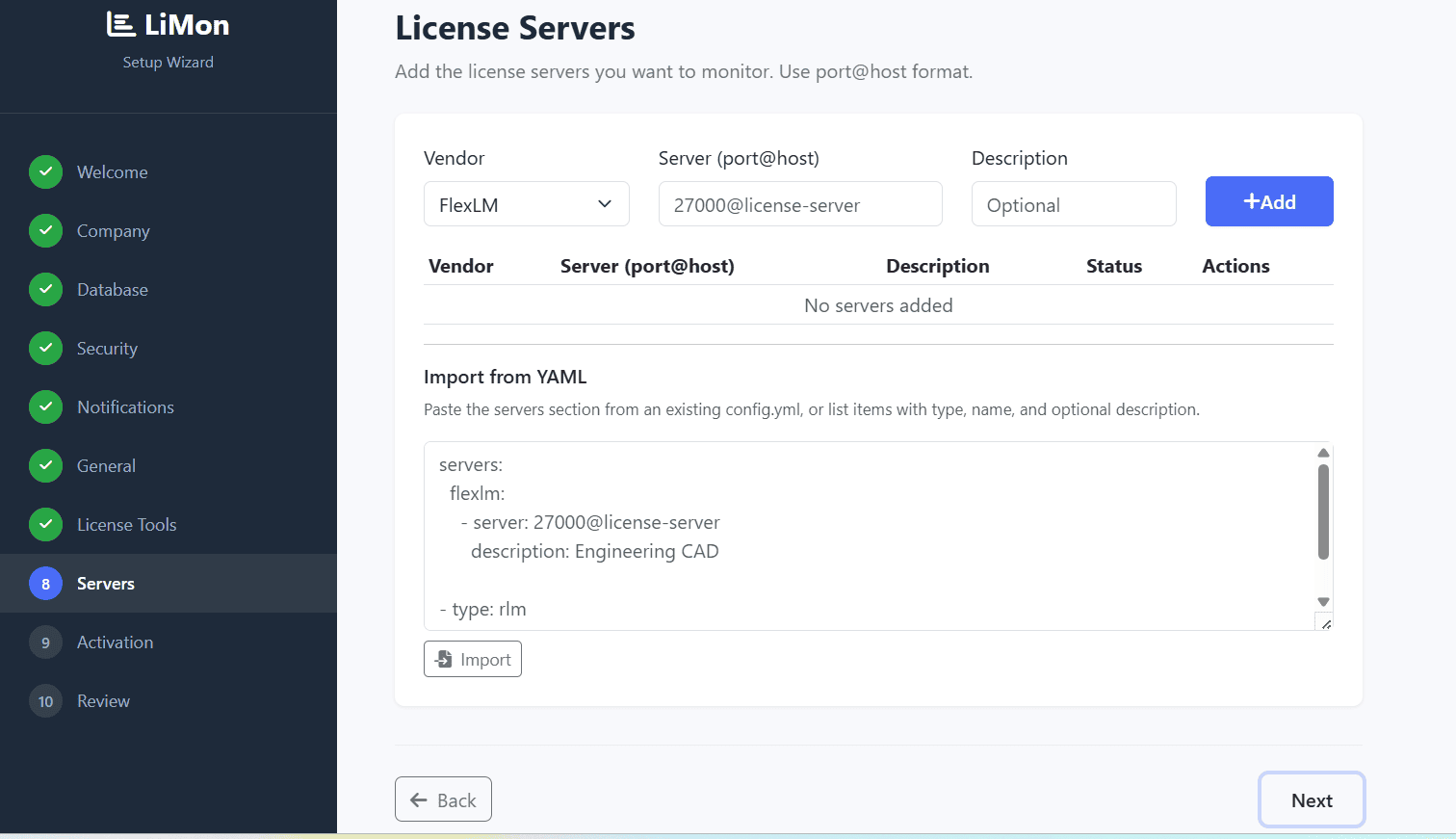 LiMon Setup Wizard Servers step showing a FlexLM server being added with port@hostname address and Test Connection button