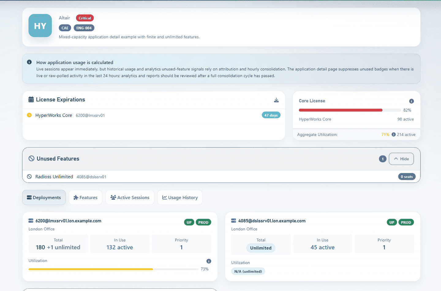 LiMon application detail page showing product-level usage and deployment information