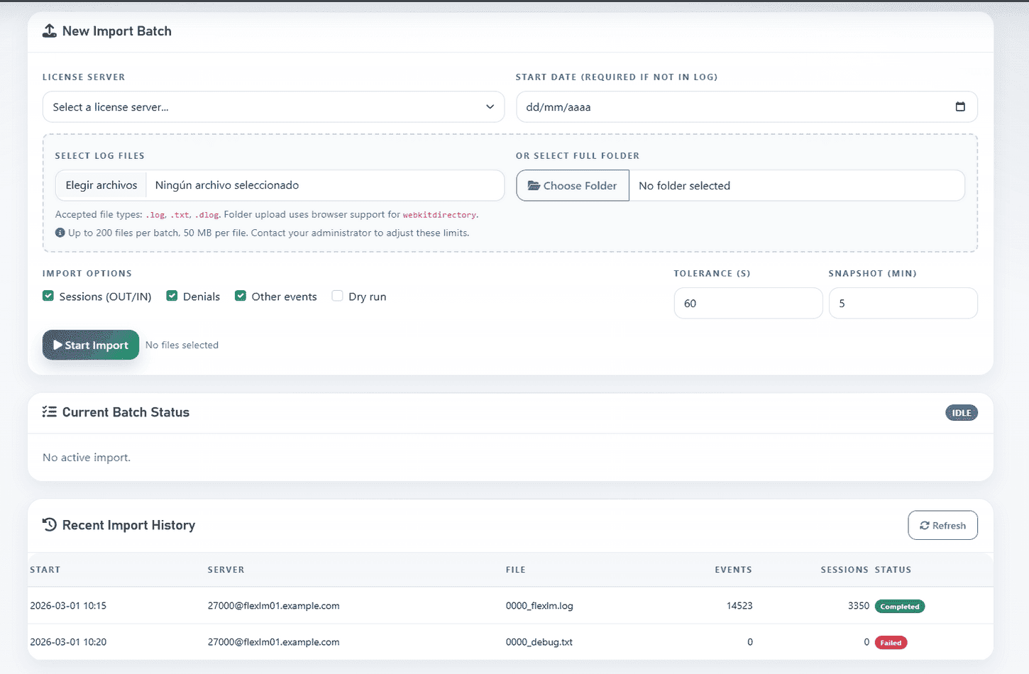 LiMon log import page for uploading vendor license logs