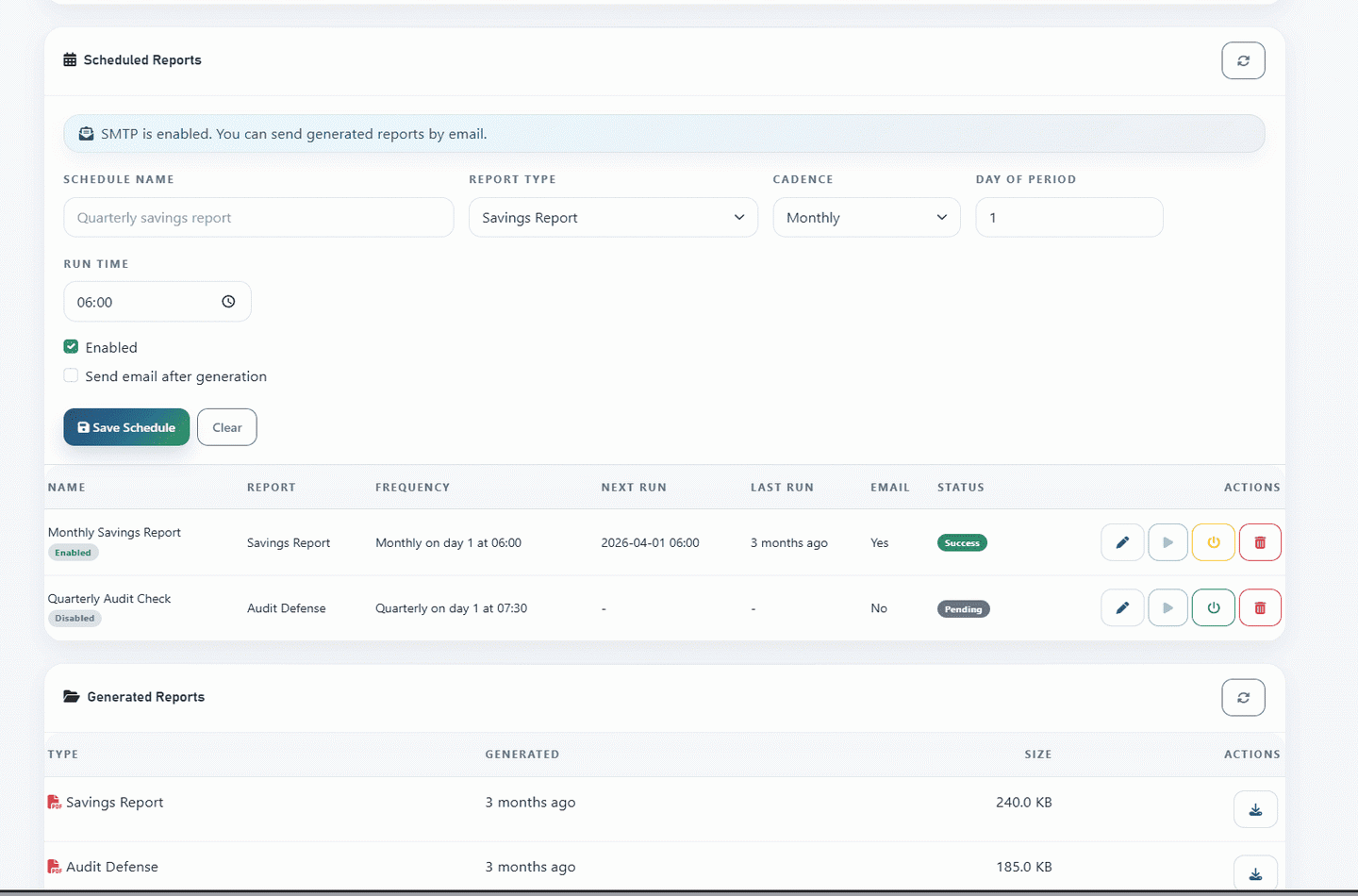 LiMon report schedules page showing report scheduling controls